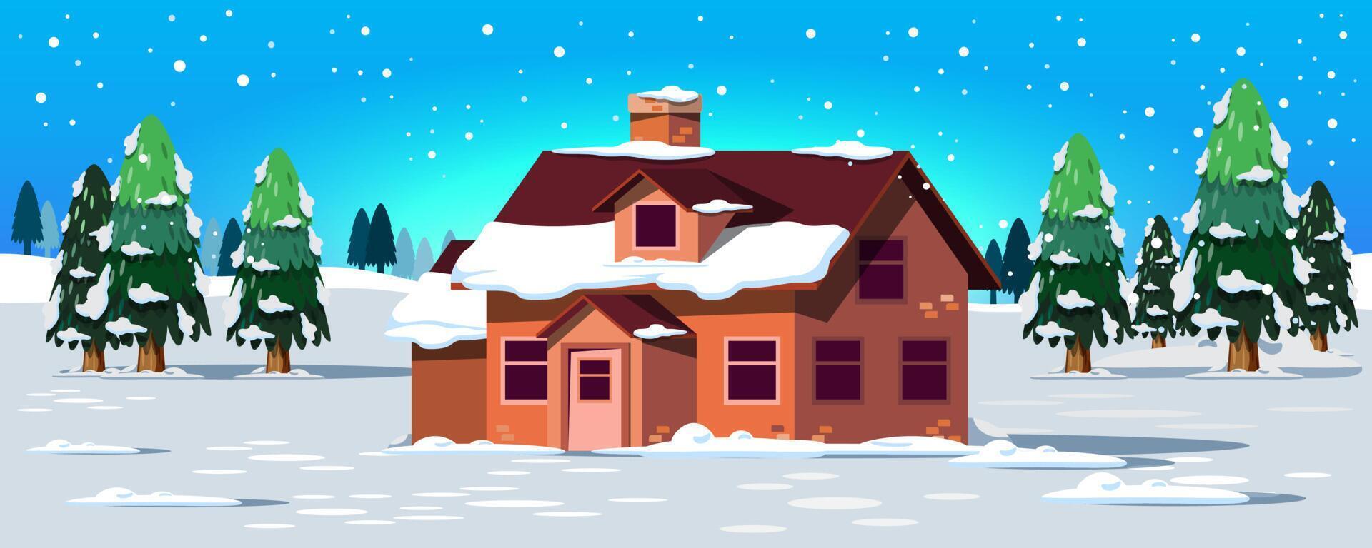 The scene rustic of a house in a pine grove is snowing. Snow fall in a scenery. vector