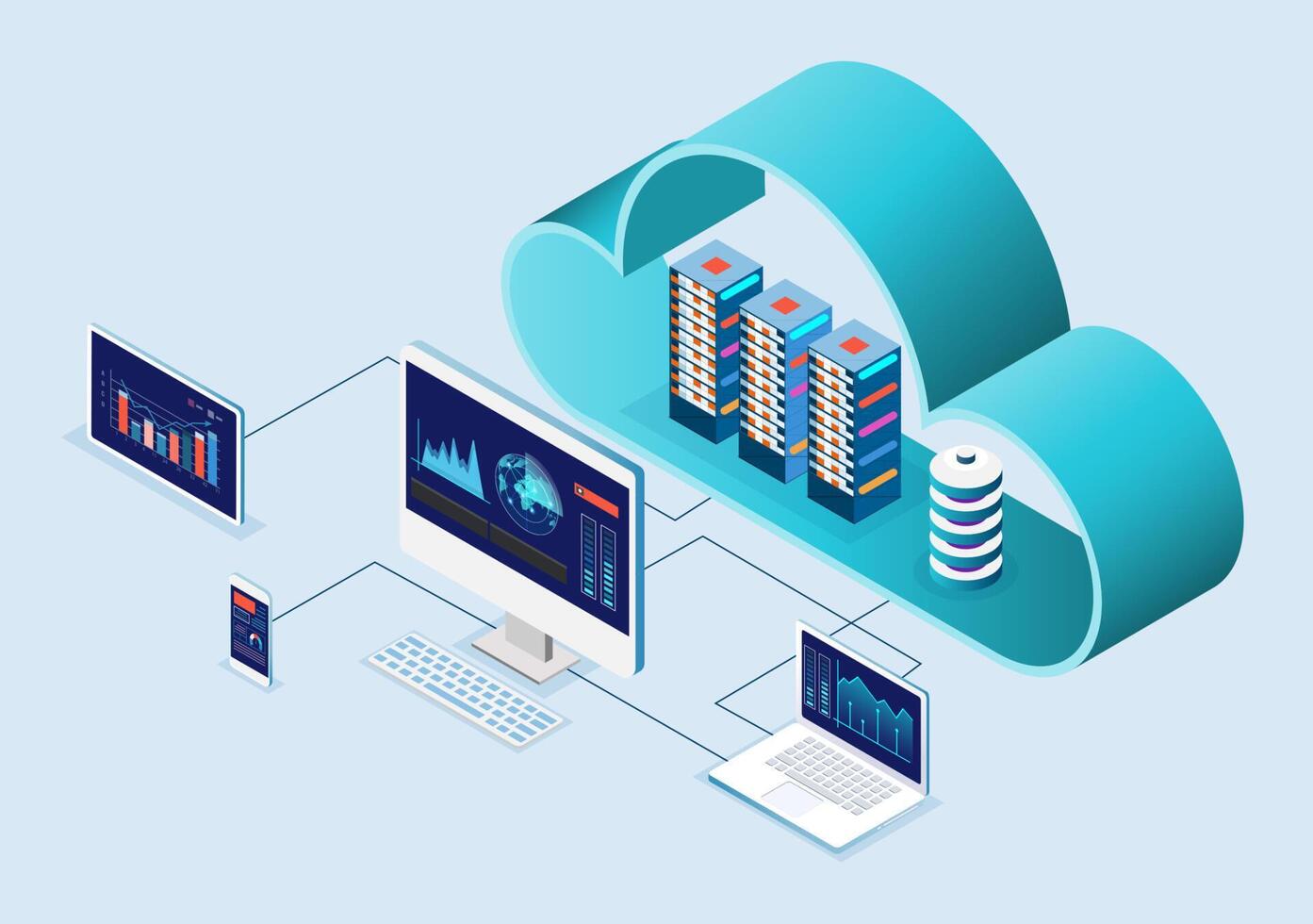 Business by Cloud computing technology for business analysis, analytics, research, strategy statistic, planning, marketing. Investment in securities, smart investment, strategic management vector