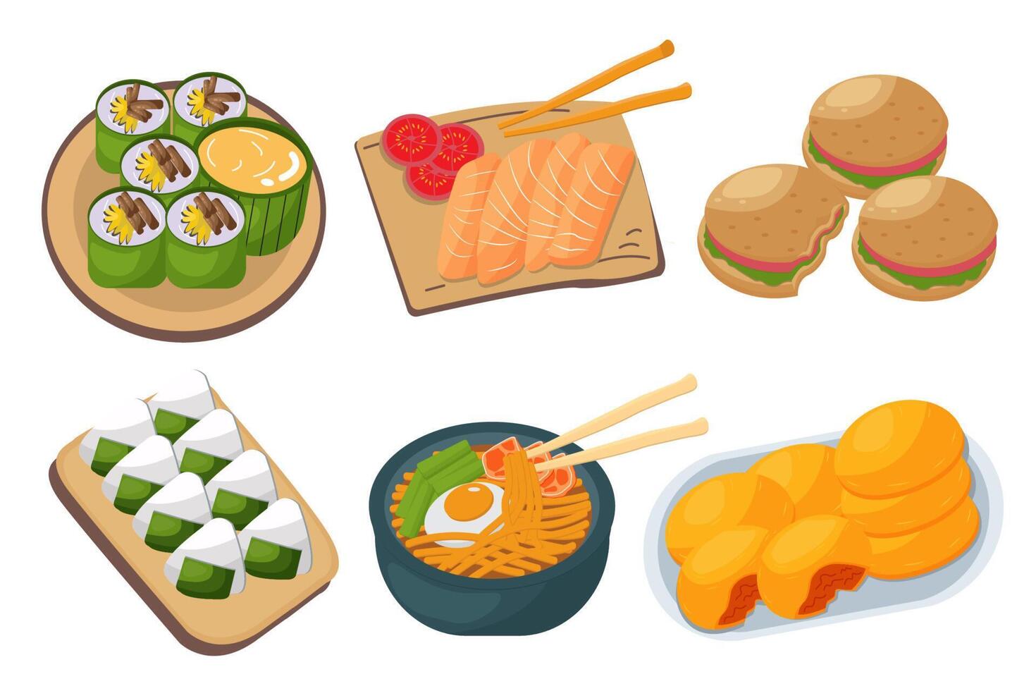 conjunto de comida japonesa aislado en vector de fondo blanco