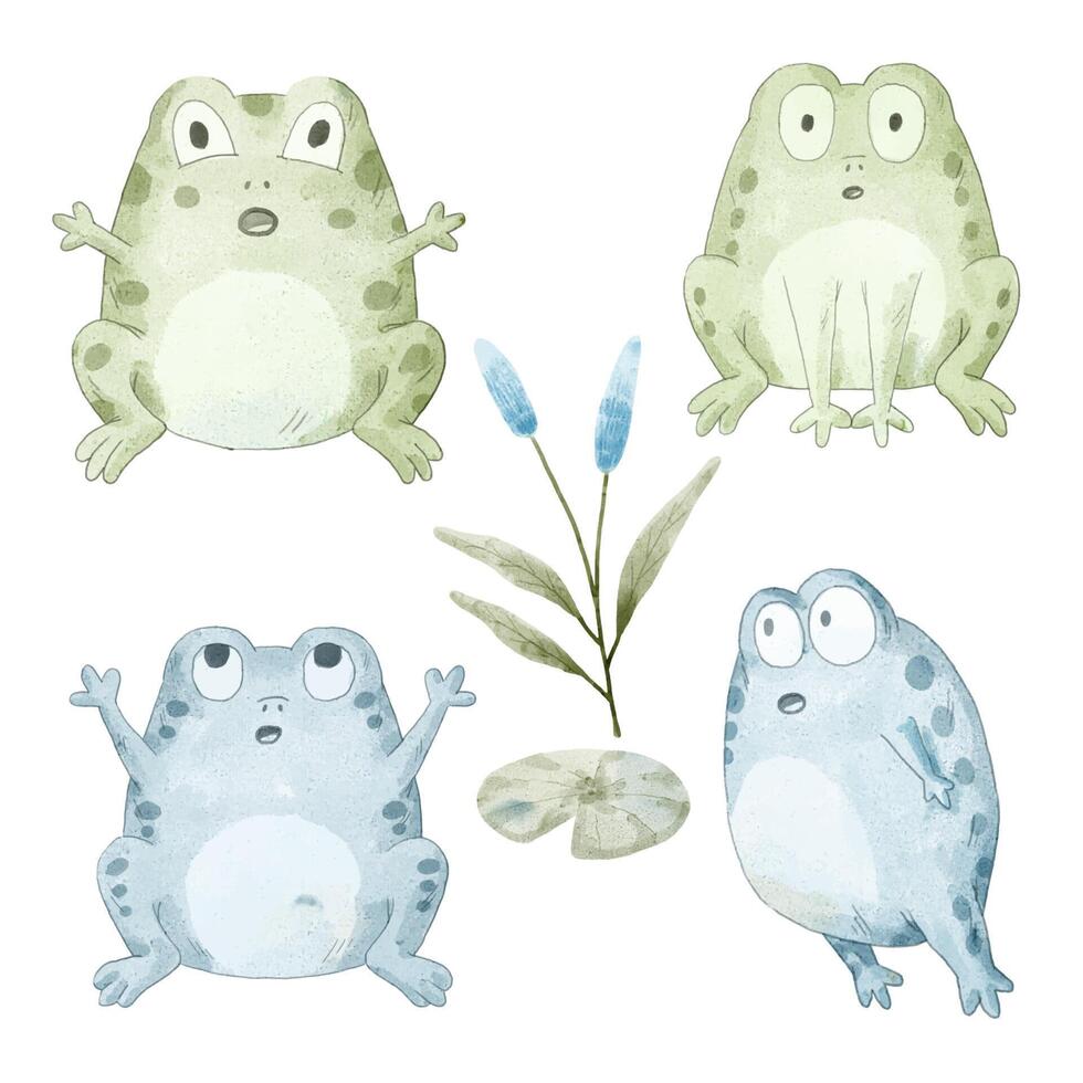 watercolor set of lovely frog in difference action vector