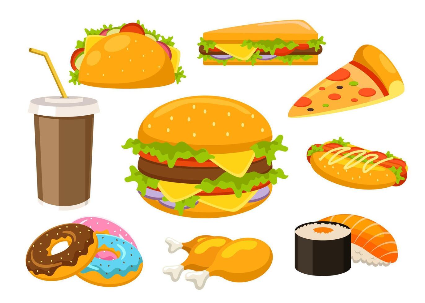 conjunto de comida rápida con bebida y postres ilustración vectorial vector