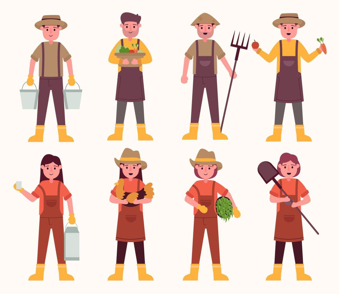 Cartoon farmer characters Agricultural work and harvest local products. vector
