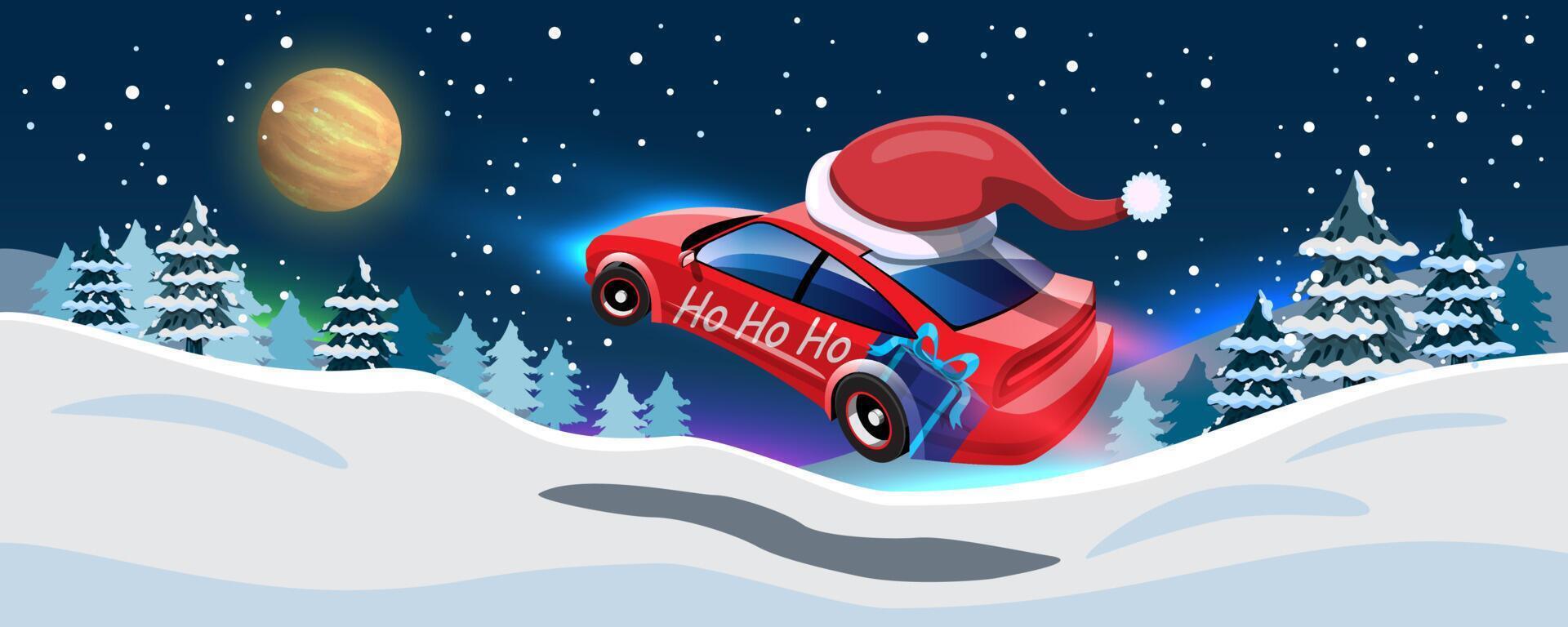 Santa Claus drives a automobile to deliver Christmas presents to children around the world. vector