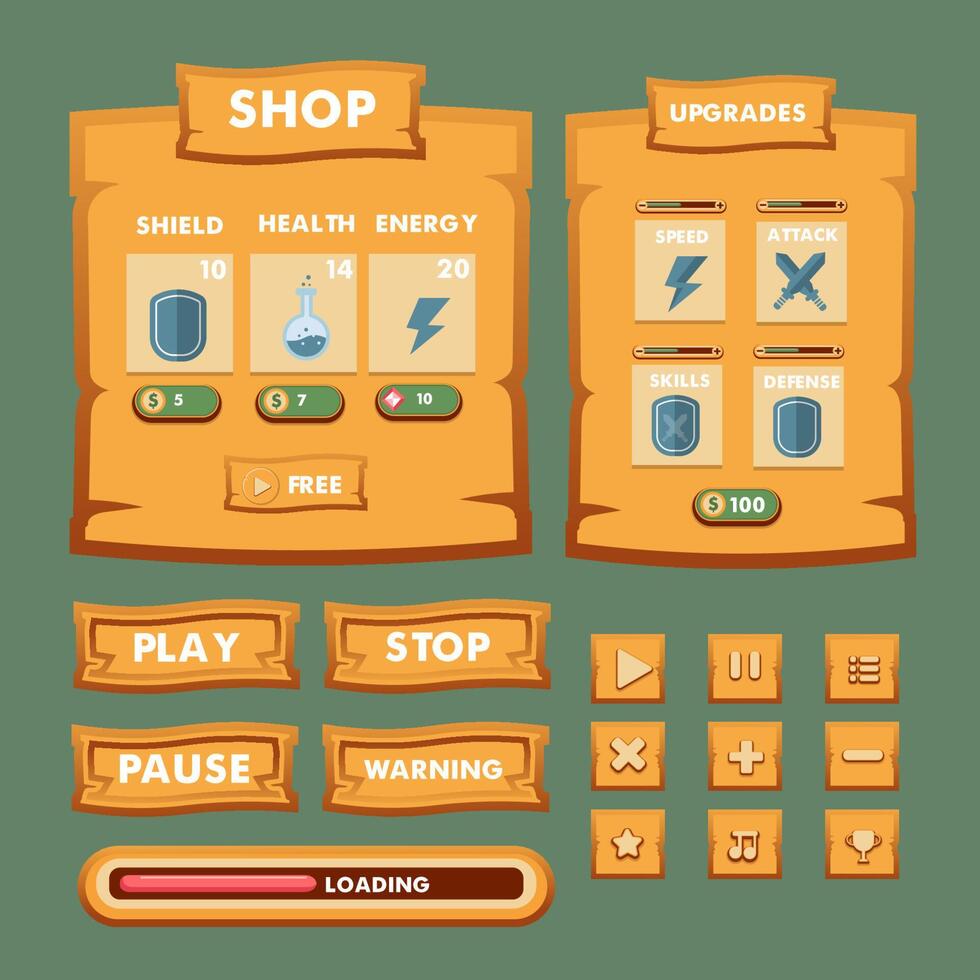 Game menu scene for status of money, power, and collectible items. vector