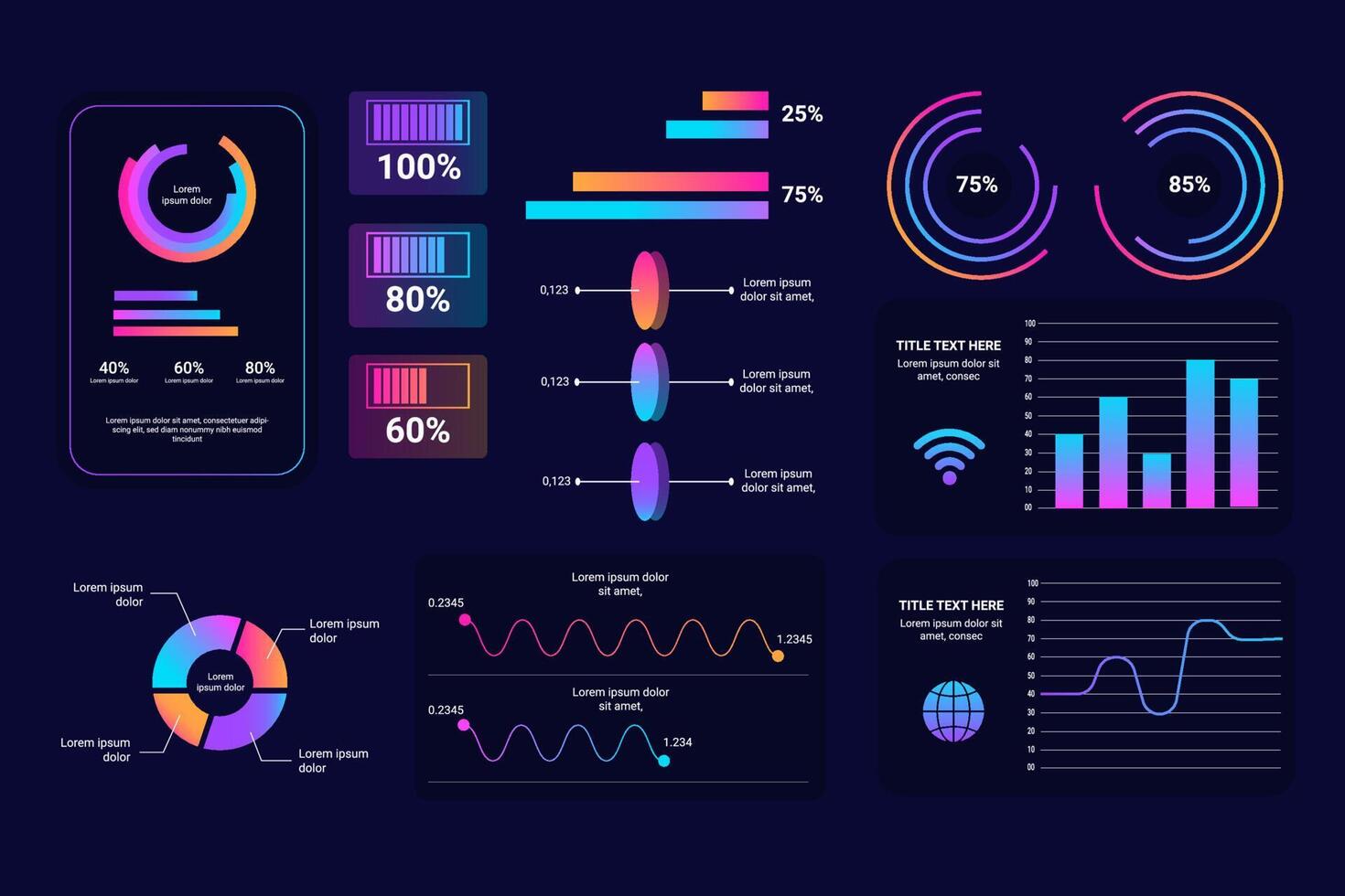 Screen with HUD interface elements set in control infographic digital illustration vector