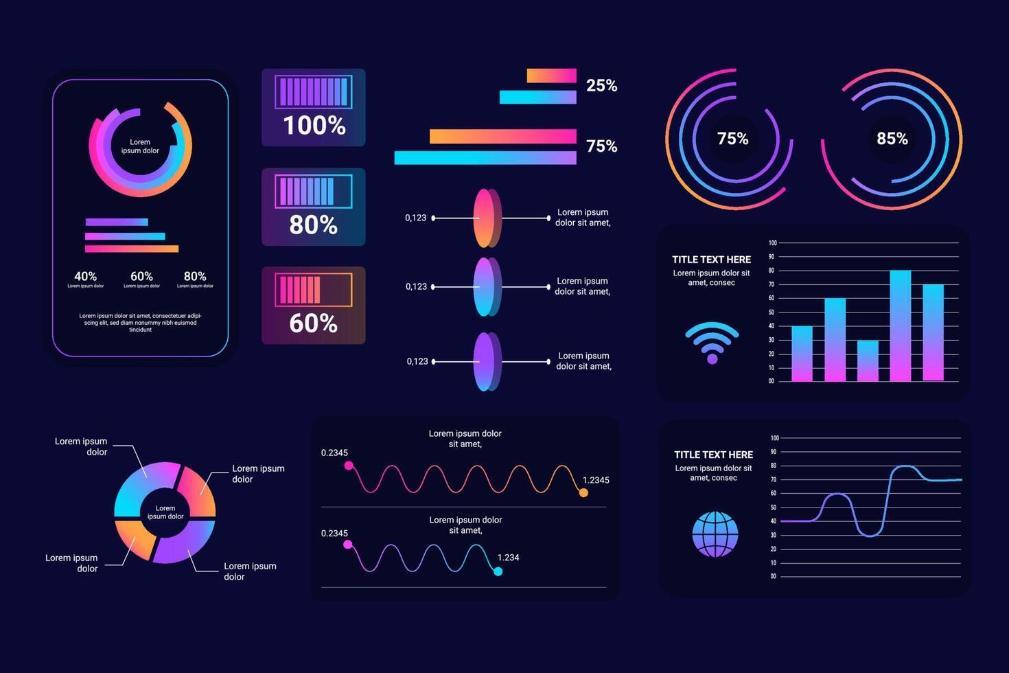 pantalla con elementos de interfaz hud establecidos en la ilustración digital infográfica de control vector