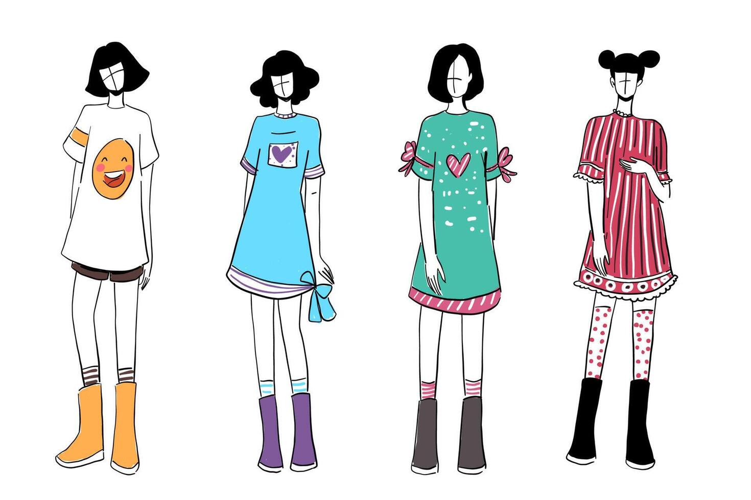 Set of Sketches of beautiful and diverse female fashion outfits. vector