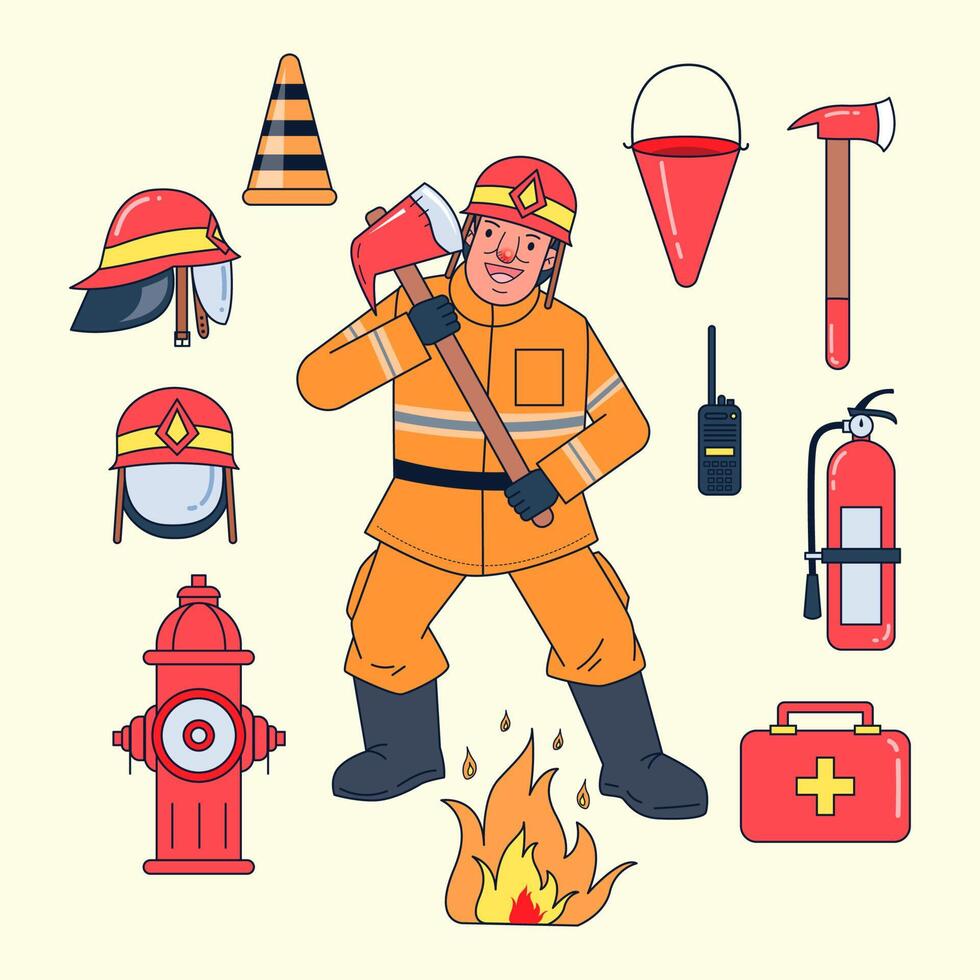 bomberos y equipo de trabajo como trajes contra incendios, cascos contra incendios, conos de tráfico, hachas, tanques de agua, radios, extintores, hidrantes, llamas, botiquines de primeros auxilios, vector