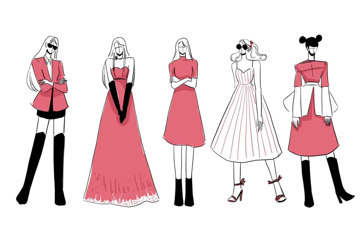 Set of Sketches of beautiful and diverse female fashion outfits. vector