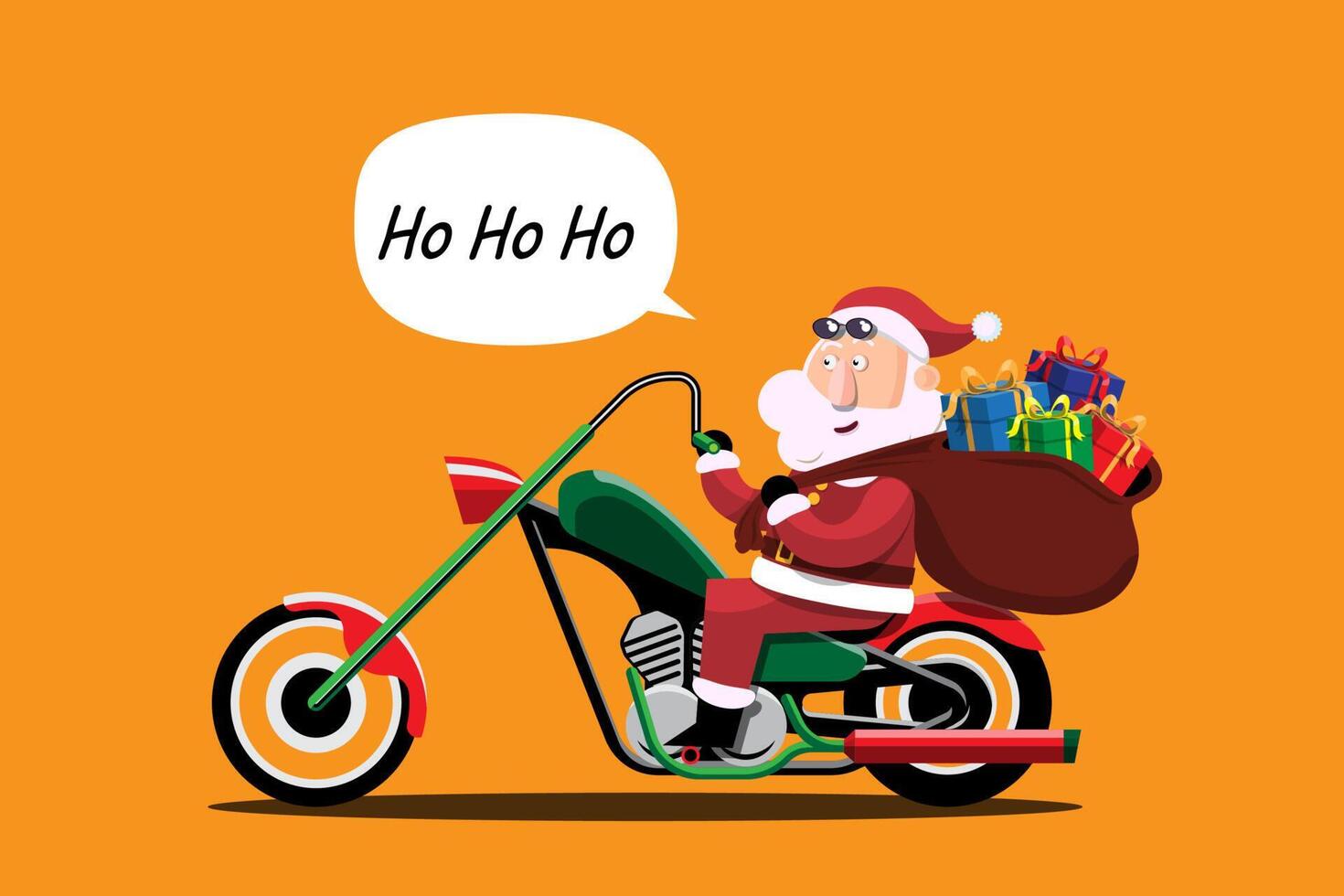 Santa Claus drives a motorcycle to deliver Christmas presents to children around the world. vector