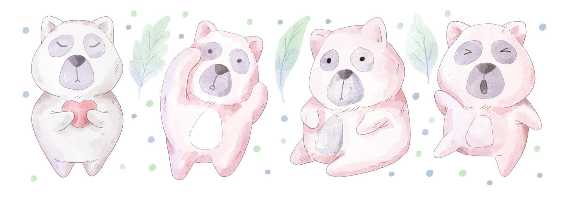 watercolor set of lovely bears in difference action vector