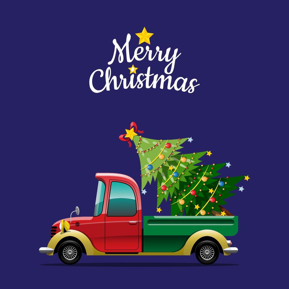 Merry Christmas Vector illustration Retro pickup truck Vintage style with christmas tree.