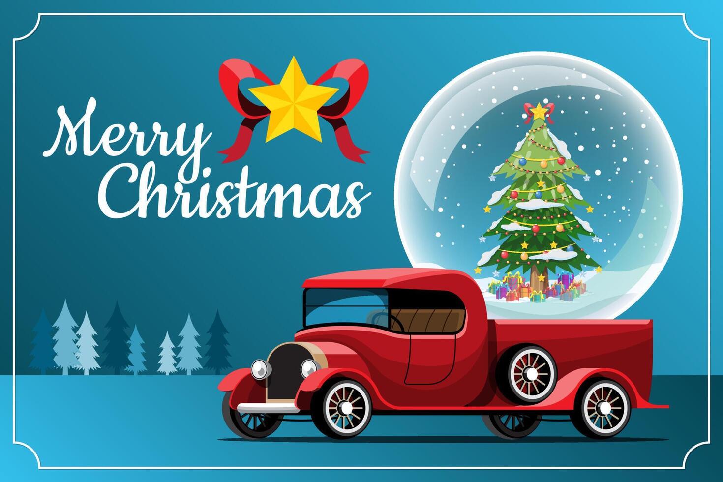 Merry Christmas Vector illustration Retro pickup truck Vintage style with christmas tree.