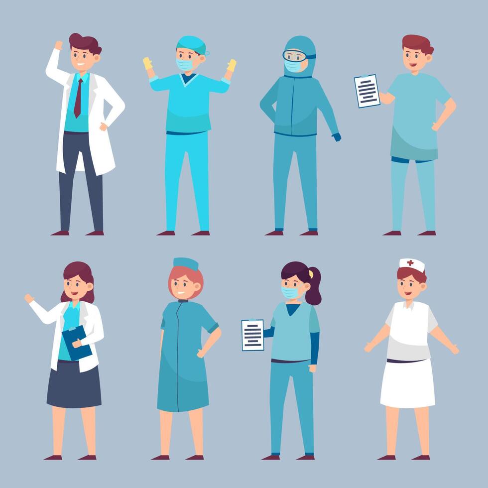 Medical personnel illustration in various outfits To perform duties in hospitals vector