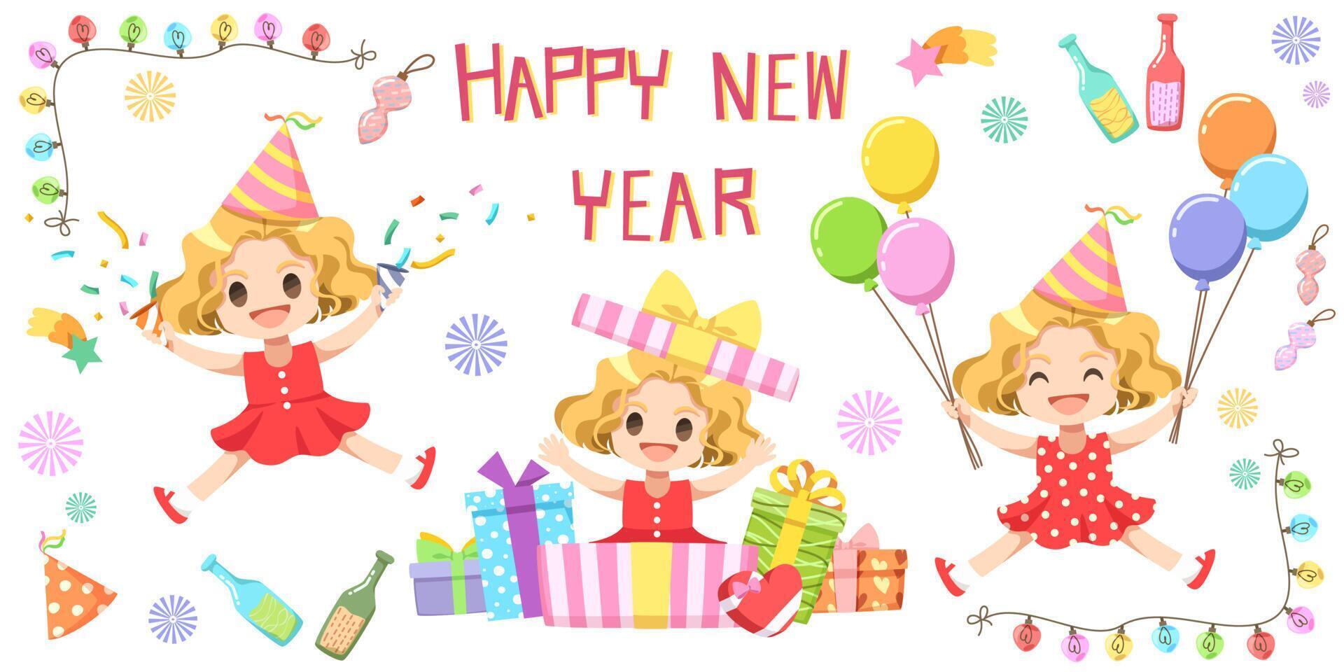 Happy New Year Family Party Girls enjoy New Year's celebrations vector