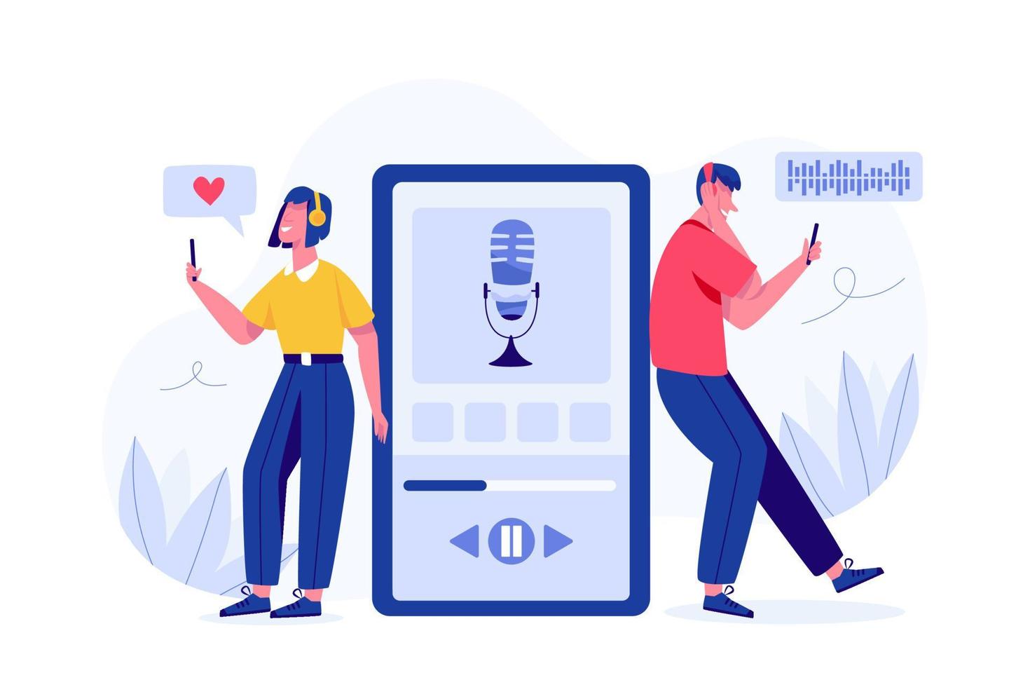 concepto de motivación e inspiración de podcast. hombre y mujer escuchando audio en auriculares, aplicación de podcast en smartphone. vector