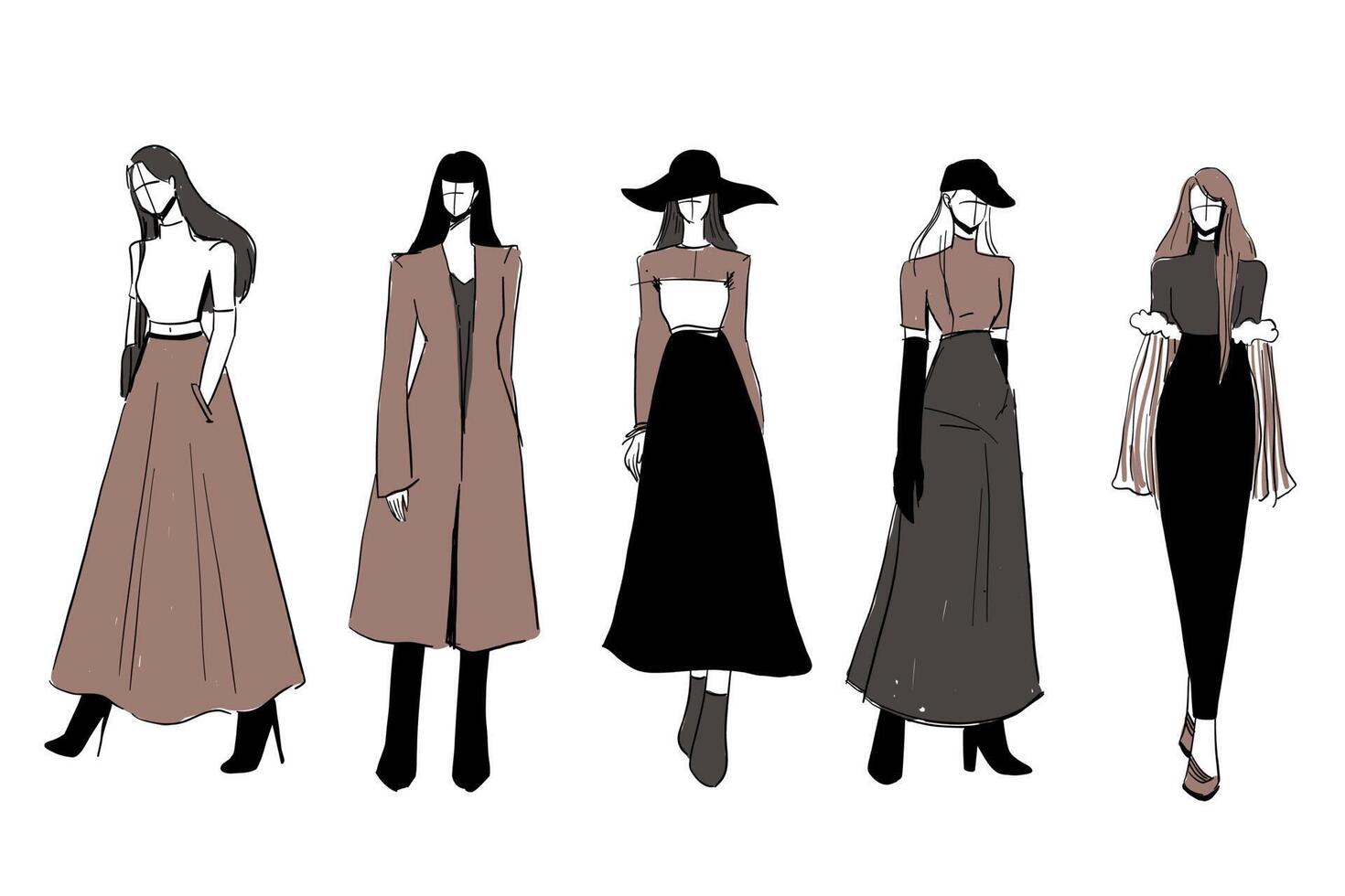 Set of Sketches of beautiful and diverse female fashion outfits. 5085289  Vector Art at Vecteezy