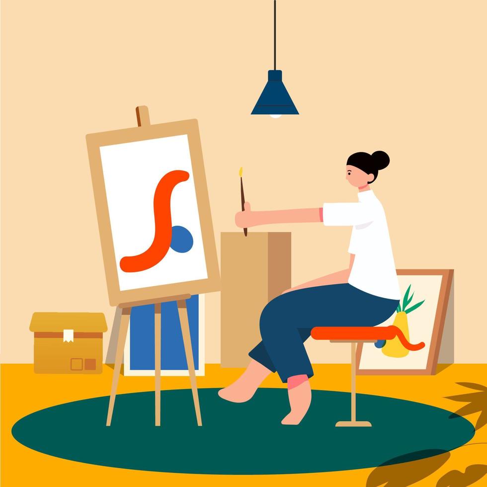 joven pintora con boina roja pintando sobre lienzo en caballete con pincel en el estudio. vector