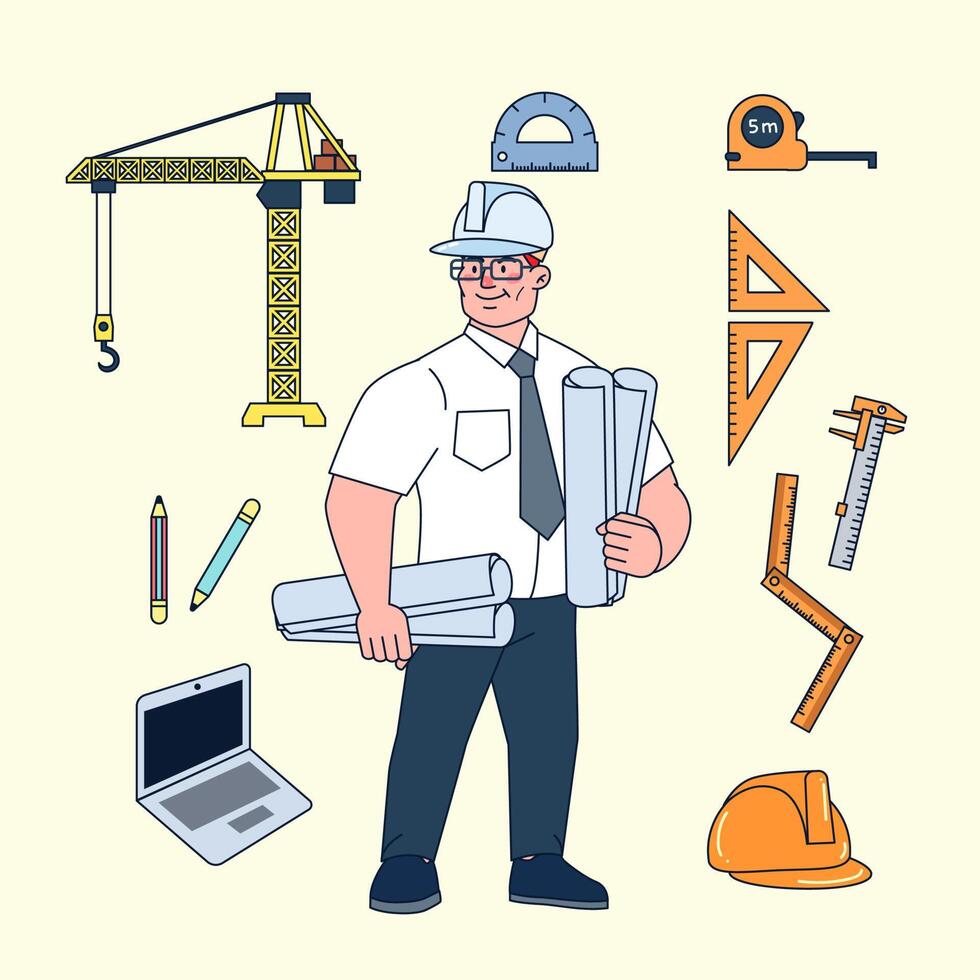 las herramientas de ingeniería civil supervisan la construcción y la planificación, como reglas, verniers, calibradores, cascos, lápices, botas, planos, planos, cinta métrica, grúa, computadora portátil vector