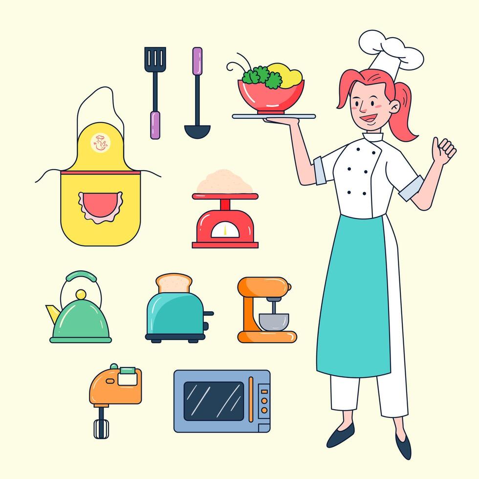 Bakery chef cook with his kitchen tools such as such as Apron, Turner, Ladle, Scale, Kettle, Toaster, Egg Beater, Blender, Oven, Microwave, Vegetable, Flour, Bread, Hat vector