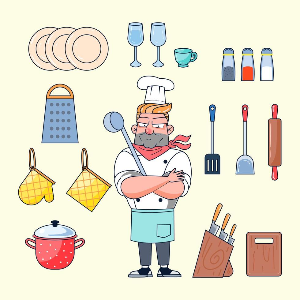 el maestro cocinero cocina con sus herramientas de cocina como plato, copas de vino, copa, botella de condimento, guante, olla, tornero, cucharón, rodillo, tabla de cortar, sombrero, bufanda, delantal, ralladores de queso de caja, vector