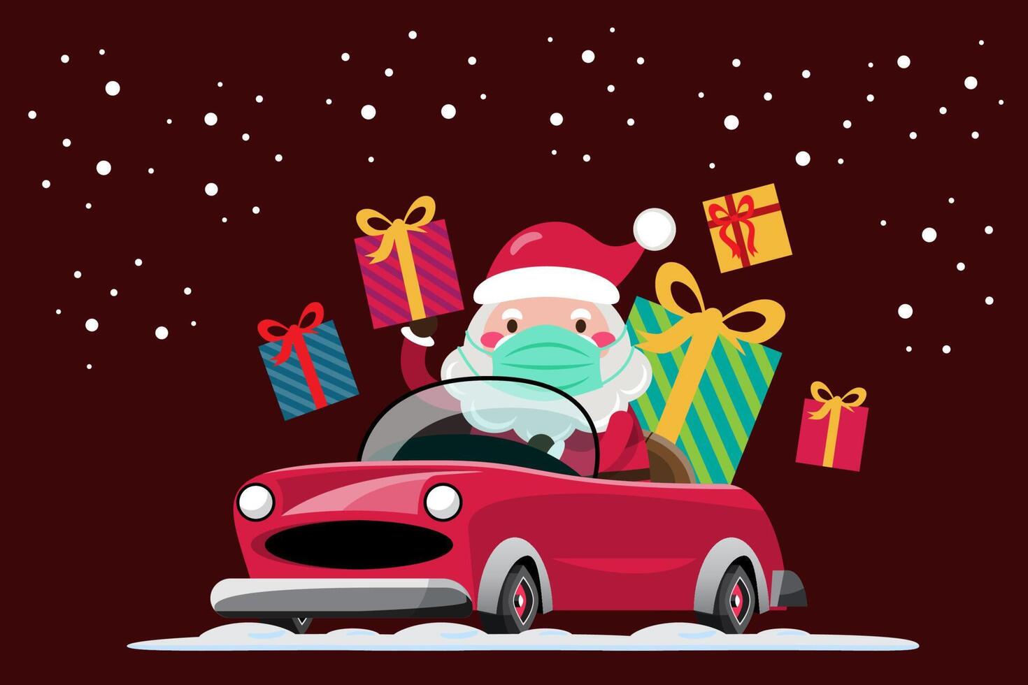 Santa Claus drives a automobile to send Christmas gift to children around the world by wearing mask. vector