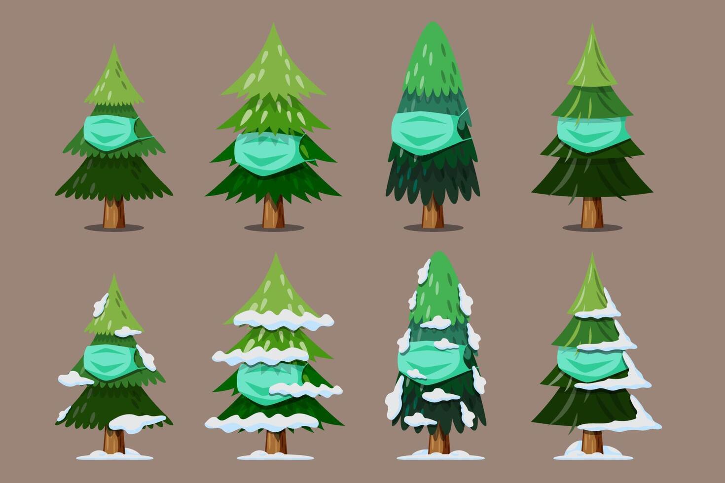 árbol de navidad vectorial aislado con máscara facial y nieve en las hojas sobre fondo marrón. vector