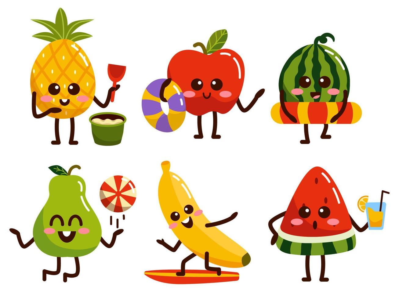 Set of fruit with various activity in cartoon character vector