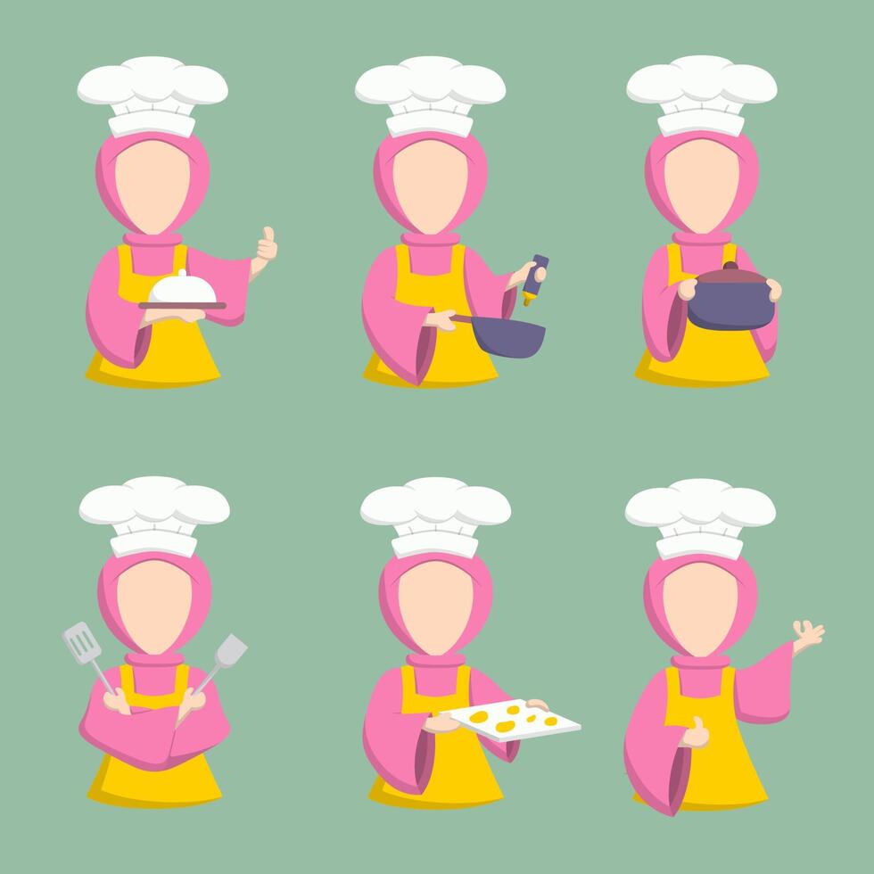 Vector cartoon character design Young muslim woman wearing hijab in various pose for graphic designer use