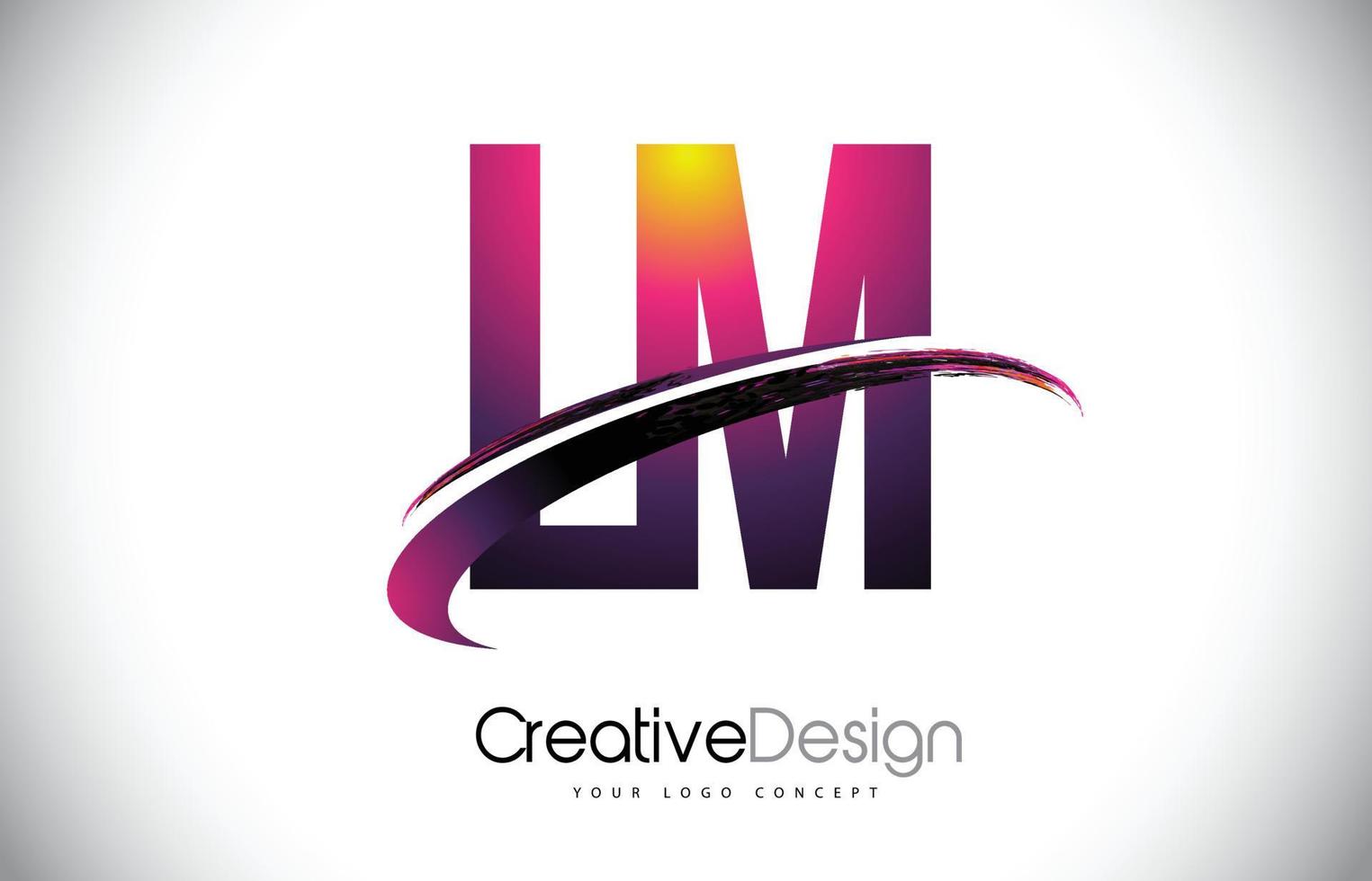 LM L M Purple Letter Logo with Swoosh Design. Creative Magenta Modern Letters Vector Logo.