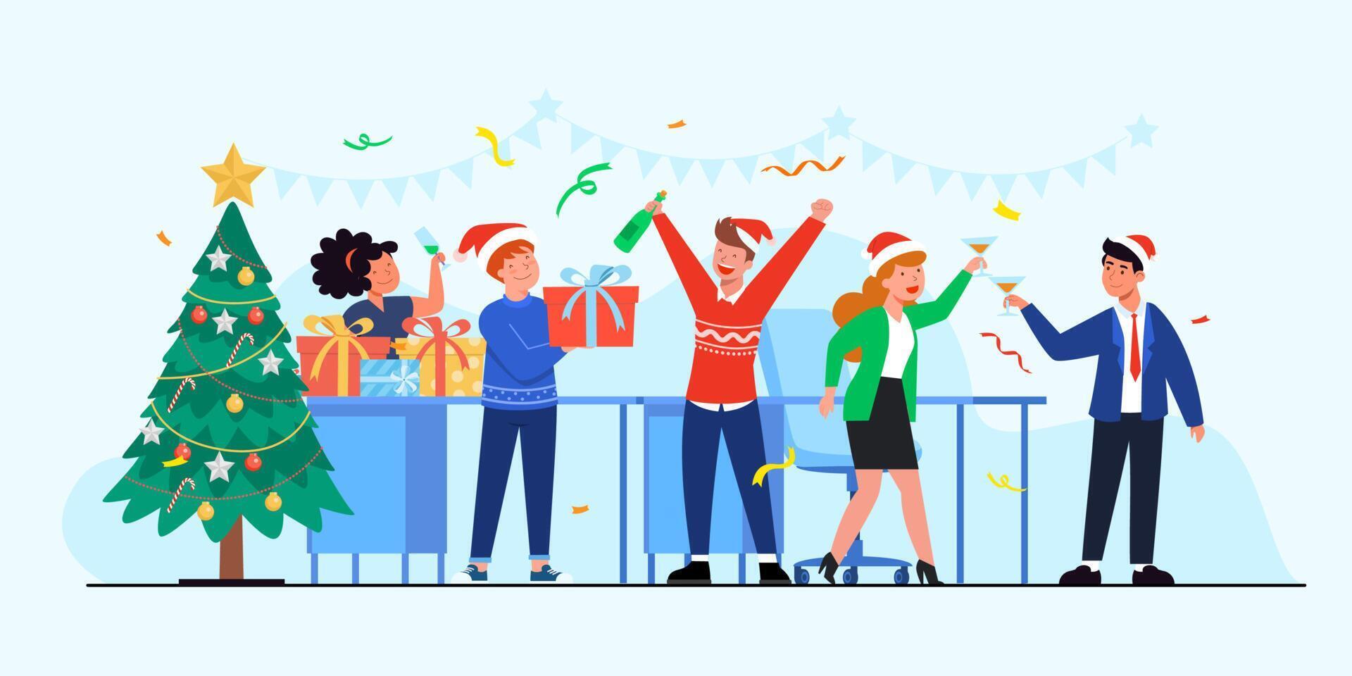 gente de negocios celebrando las vacaciones de navidad y año nuevo en una fiesta corporativa en la oficina de negocios. vector