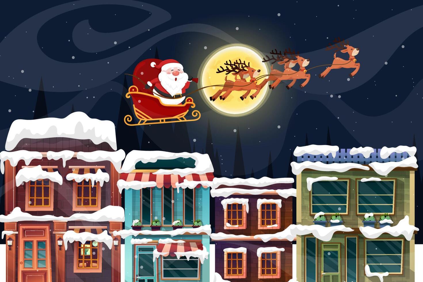 trineo de santa claus sobre la azotea y la chimenea en la noche de navidad con luna llena y nieve. vector