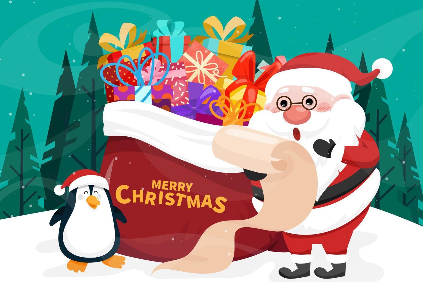 Merry christmas card with santa claus and gift box vector