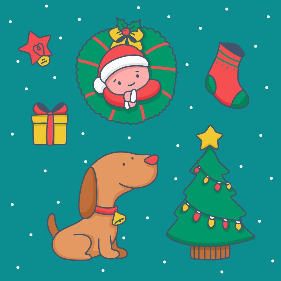 Set of animal and element with items in christmas theme vector