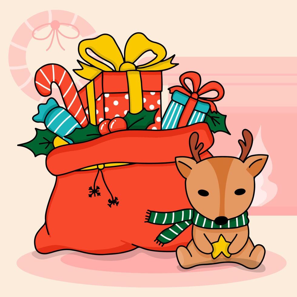 Lovely reindeer and gift in Santa Sack vector