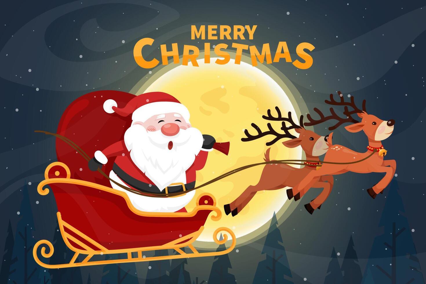 Santa Claus flying in sleigh with reindeer at night vector