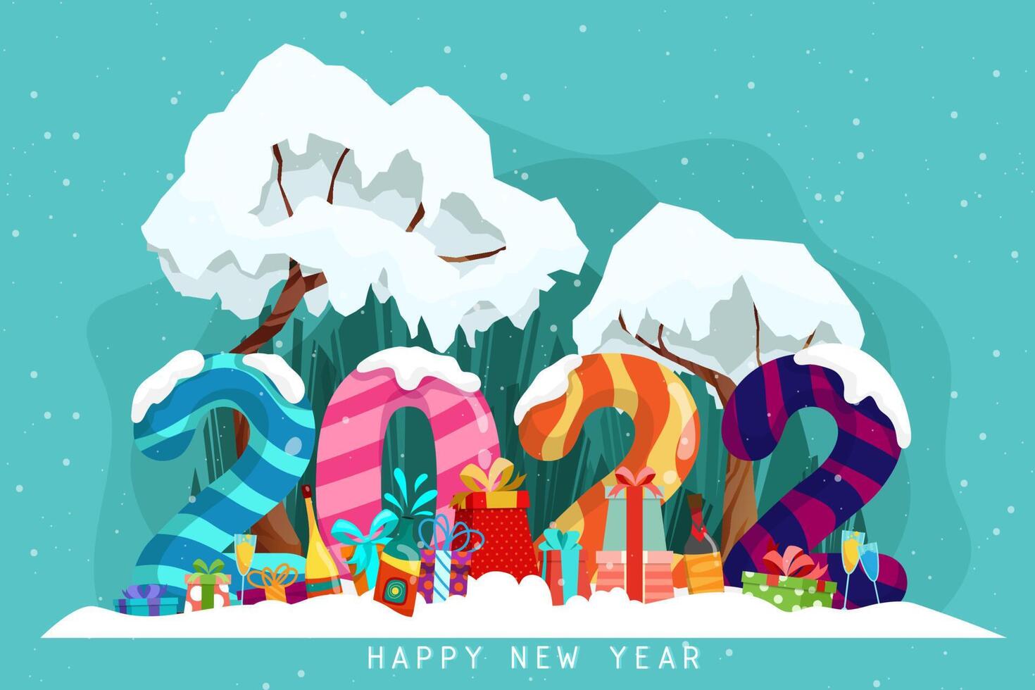 Greeting New year 2022 card cartoon with lettering vector illustration