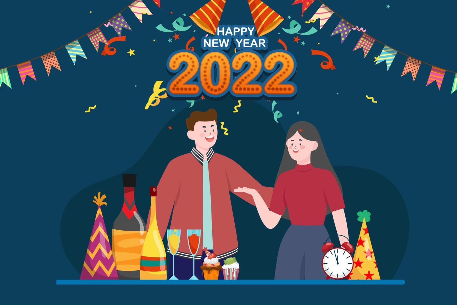 Greeting New year 2022 card cartoon with lettering vector illustration