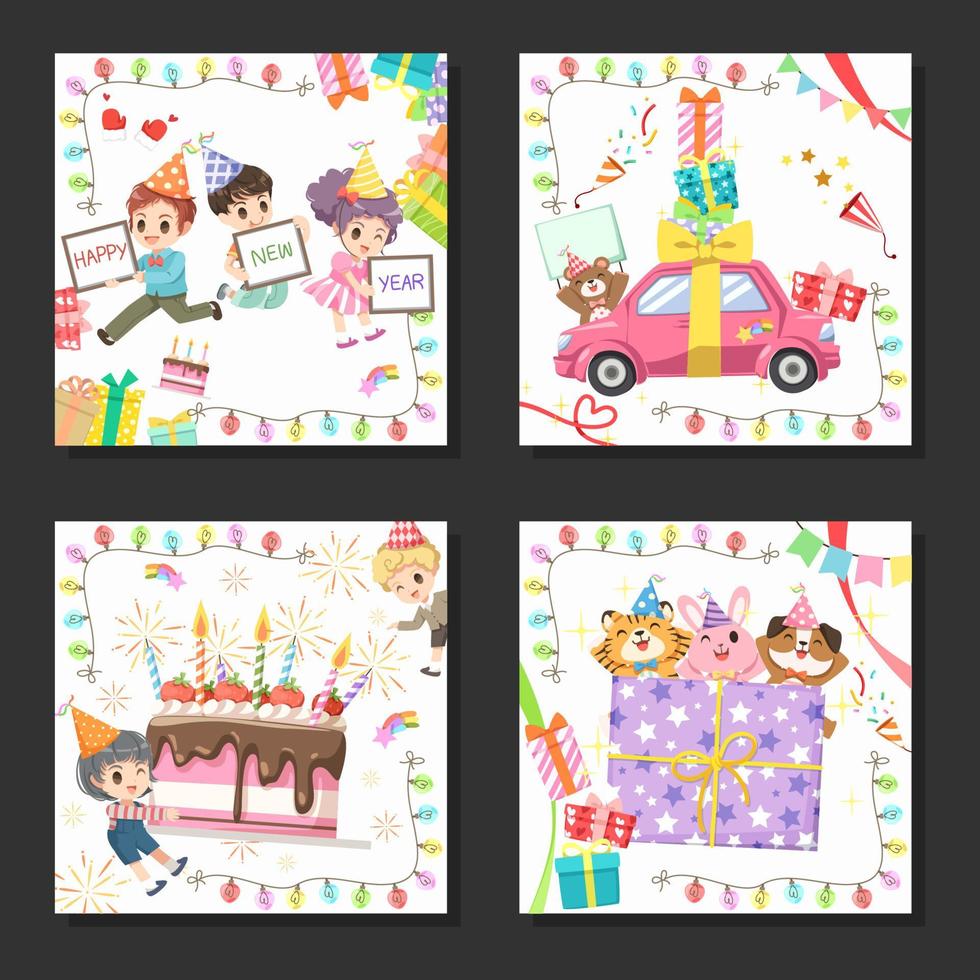 Father and mother giving gifts to their children. Kids enjoy enjoy New Year's activities. vector
