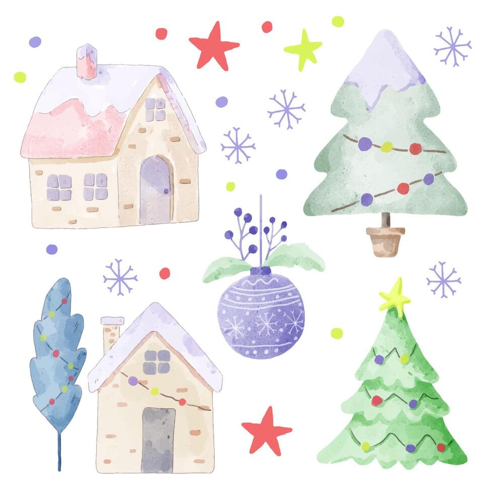 Vector illustration Christmas watercolor character and object with a variety of kind and color.