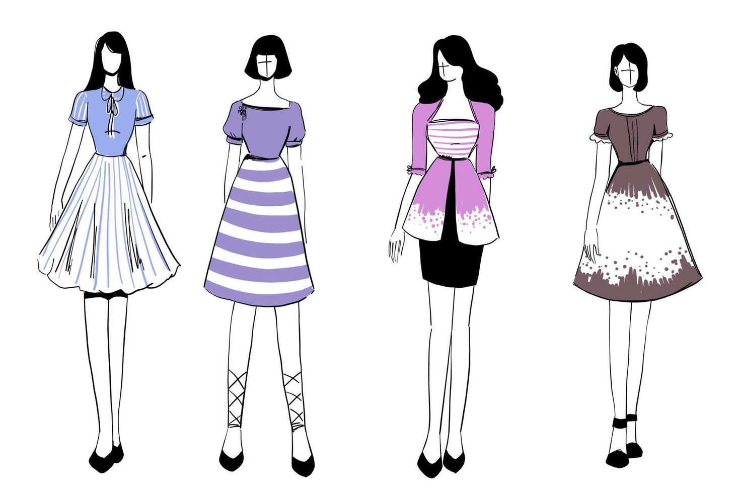 Set of Sketches of beautiful and diverse female fashion outfits. vector