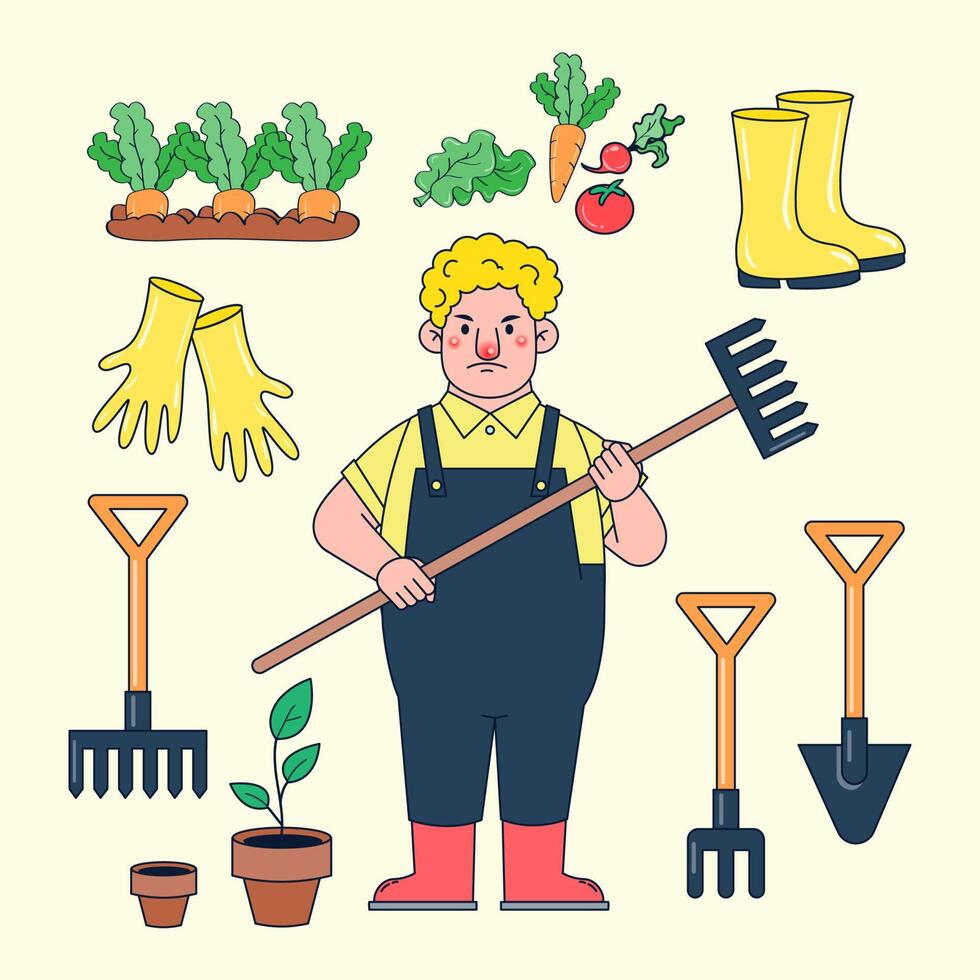 agricultor de carácter con herramientas y productos agrícolas como rastrillo, pala, tenedor de paja, olla, guantes, bota, verdura, planta, zanahoria, remolacha, tomate, suelo, babero vector