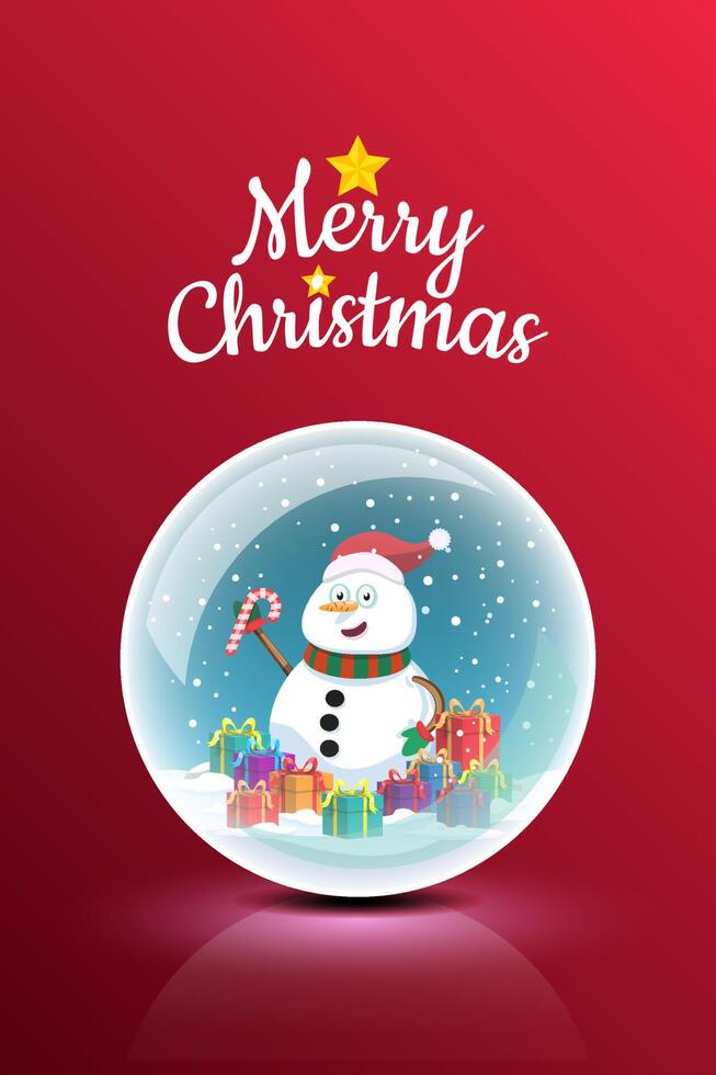 Snowman and gift boxes in the snow in crystal balls. vector
