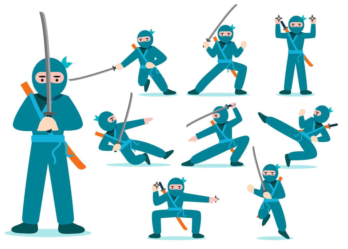 Set of ninja with weapon pose in green suit vector
