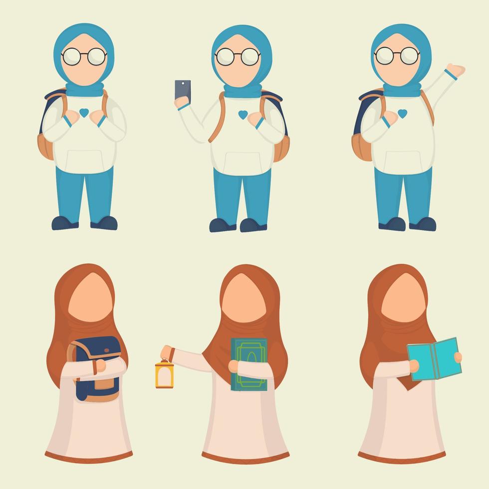 Vector cartoon character design Young muslim woman wearing hijab in various pose for graphic designer use
