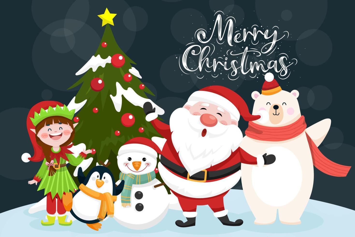 escenas navideñas santa claus, pingüino, duende, oso, muñeco de nieve, árbol de navidad. vector