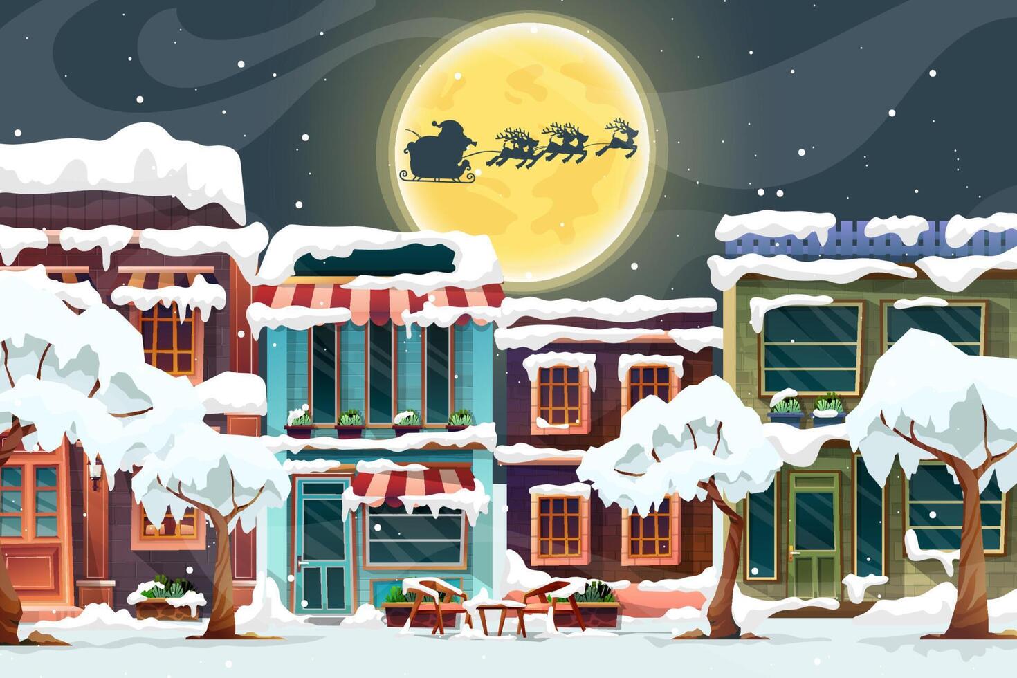 Santa Claus sled over rooftop and chimney at the Christmas night with full moon and snowy. vector