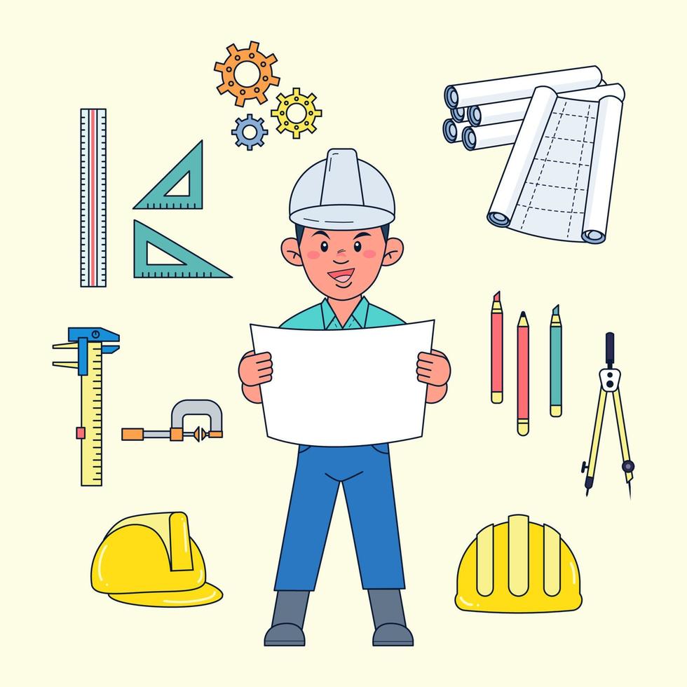 las herramientas de ingeniería civil supervisan la construcción y la planificación, como reglas, verniers, calibradores, cascos, lápices, divisores, abrazaderas, botas, planos, planos vector