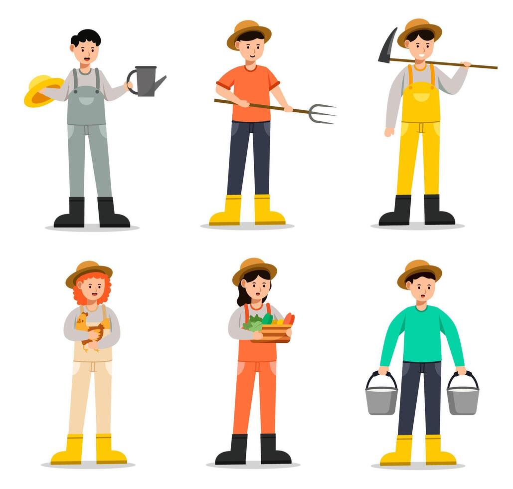 Cartoon farmer characters Agricultural work and harvest local products. vector