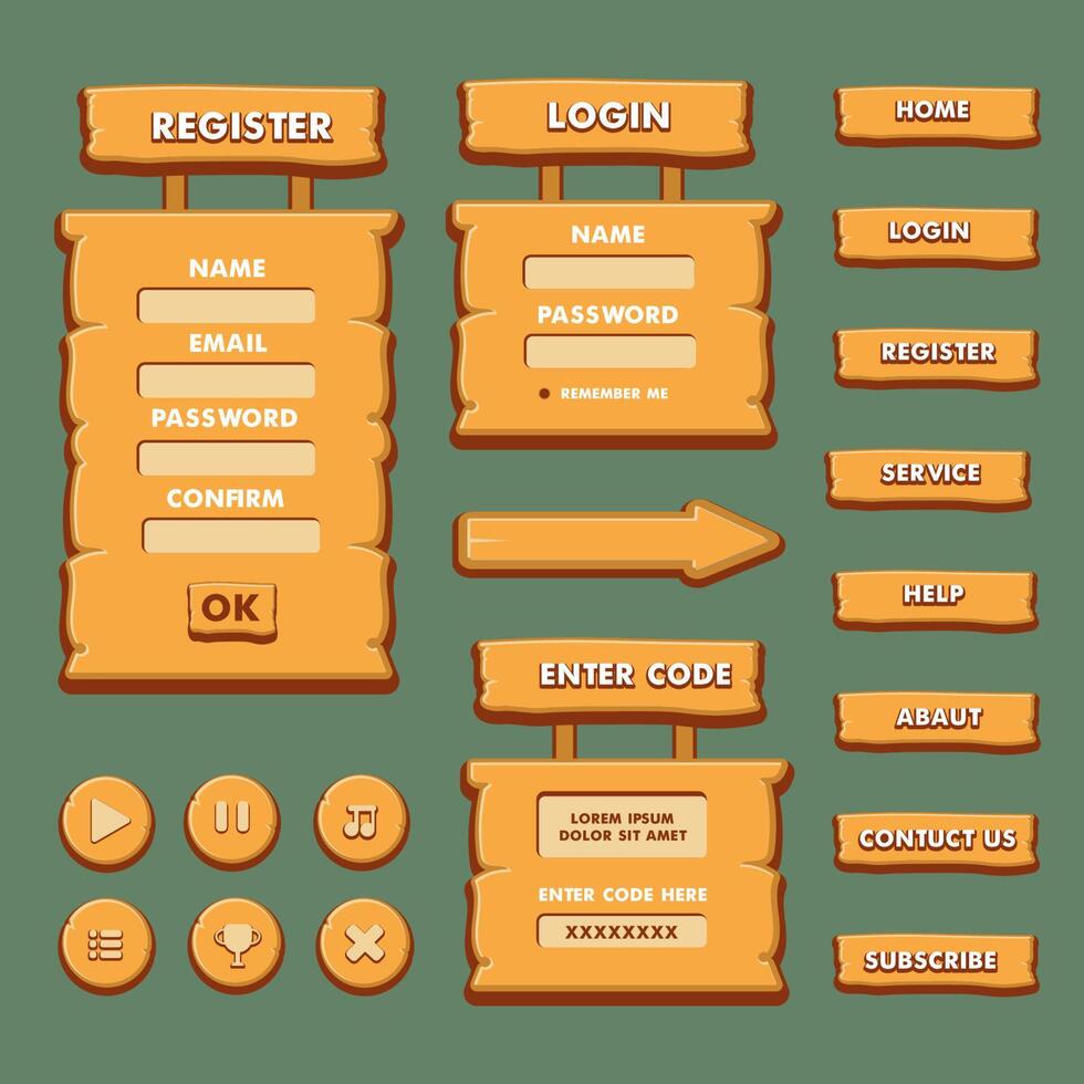 escena del menú del juego para conocer el estado del dinero, el poder y los artículos coleccionables. vector